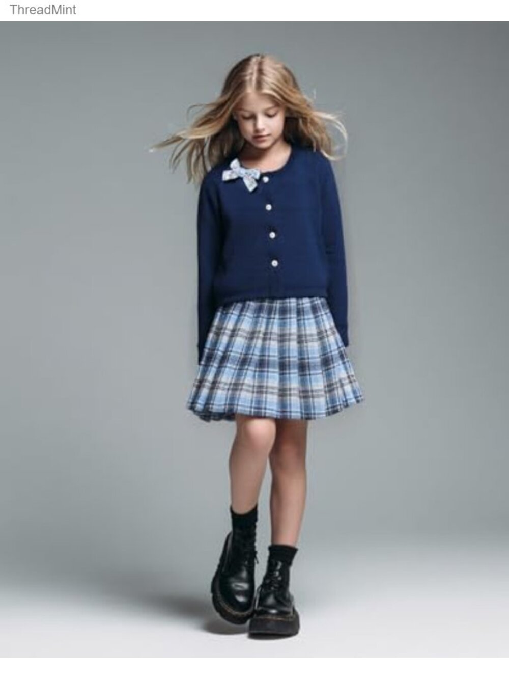 Girls Plaid Dress with Cardigan 3-Piece Outfit Set with Belt - Picture 2 of 6